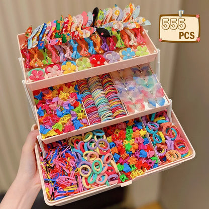 555Pcs Girls Hair Accessories Set - Colorful Butterfly Clips Elastic Bands & Hair Ties for Daily Ponytails and Styling