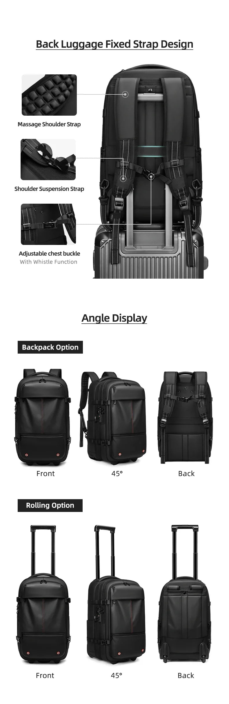 Travel Trolley Vacuum Compression Backpack — Wheeled Rolling Luggage Bag for Men, Boardable Business Travel