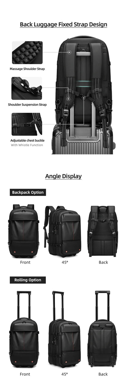 Travel Trolley Vacuum Compression Backpack — Wheeled Rolling Luggage Bag for Men, Boardable Business Travel