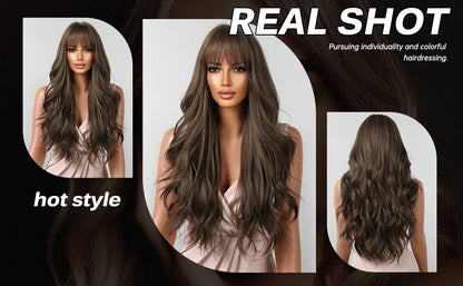 Brown Long Wavy Wig for Women with Bangs — Natural-Look Synthetic Hair, Heat-Resistant for Daily & Cosplay