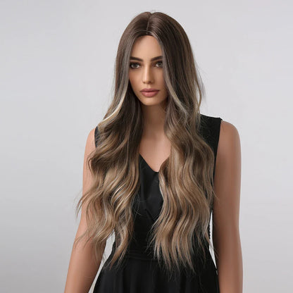 ALAN EATON Black Long Wavy Synthetic Wig – Natural Afro Hair, Middle Part, Heat-Resistant Fiber for Daily Use