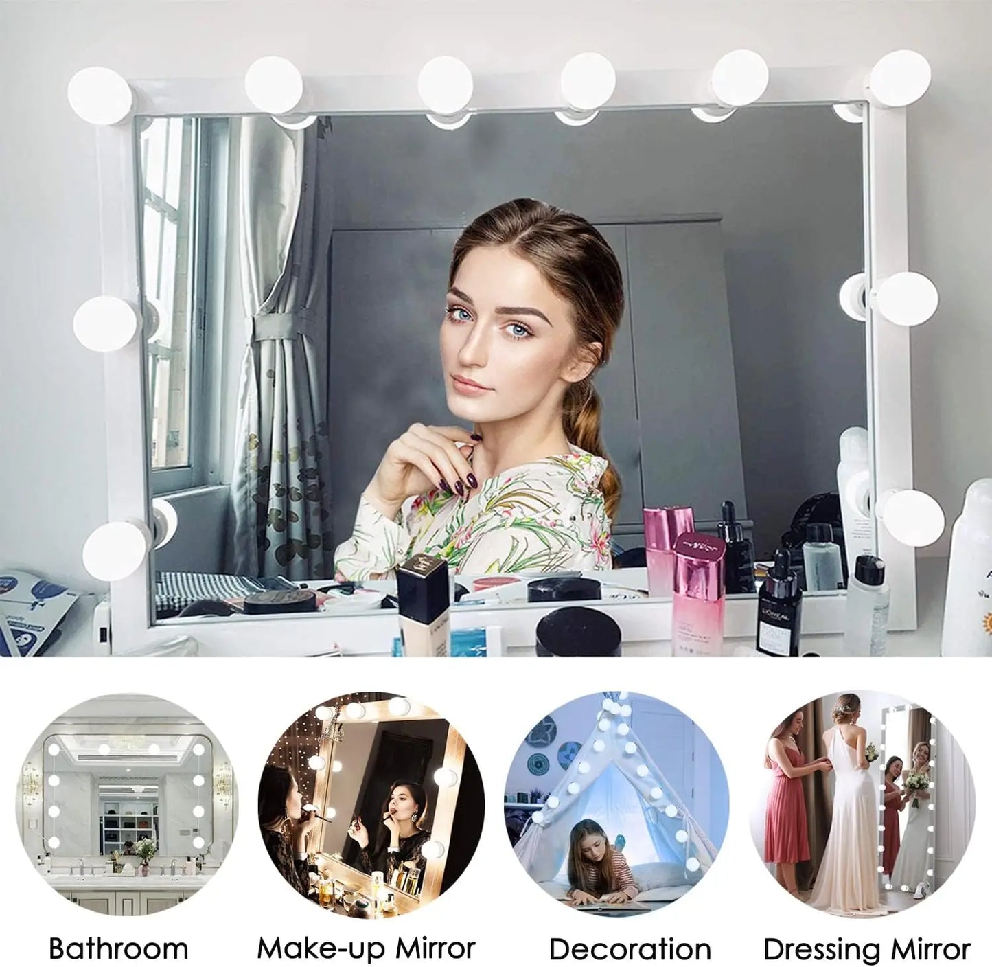 LED Vanity USB Mirror Light — 10 Dimmable Bulbs, 3000/4000/6500K with 10-Level Brightness for Makeup & Dressing Room