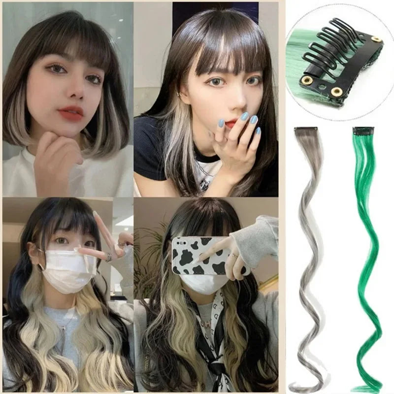 22-Inch Rainbow Highlight Synthetic Hair Extensions – Long Straight Colorful Hairpiece for Women & Kids