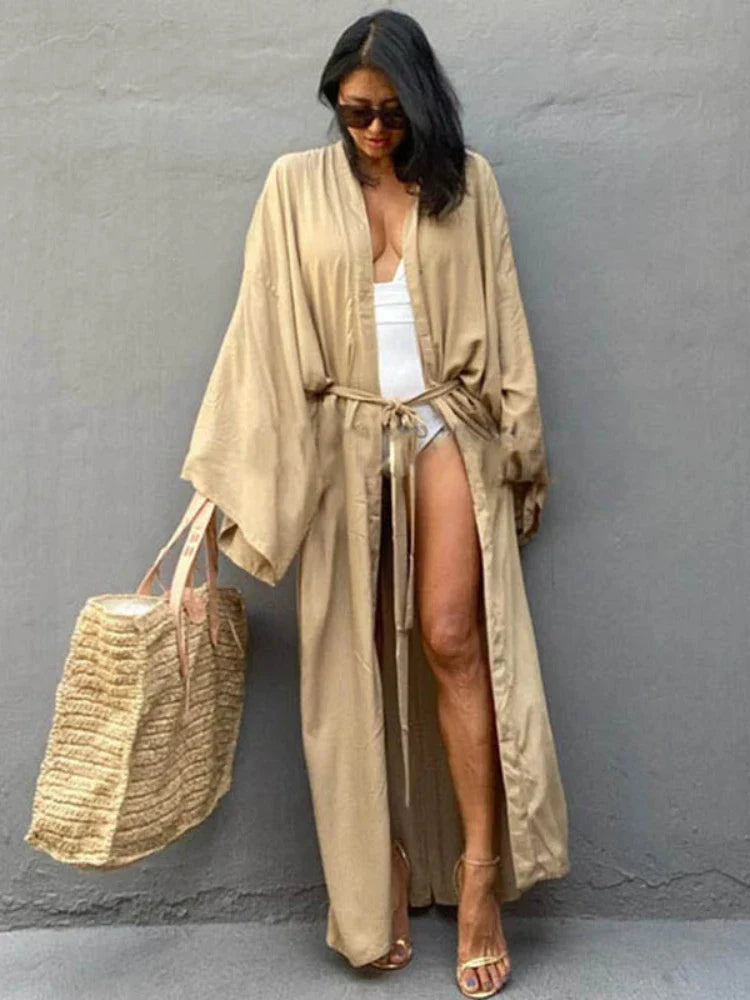 Women’s Solid Belted Wrap Kimono Beach Cover Up Dress – Swimsuit Robe Summer Beachwear 2025 New Casual Vacation Outfit