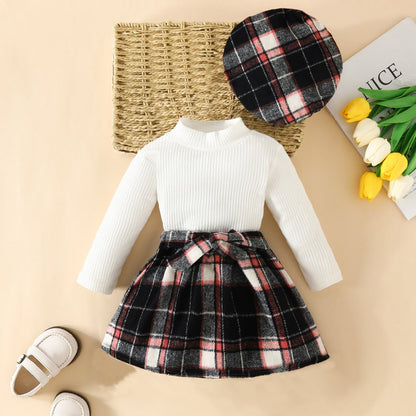 ma&baby Toddler Girls Clothes Set – Knit Long Sleeve Top, Plaid Skirt & Hat, 6M-3Y Fall & Spring Outfit