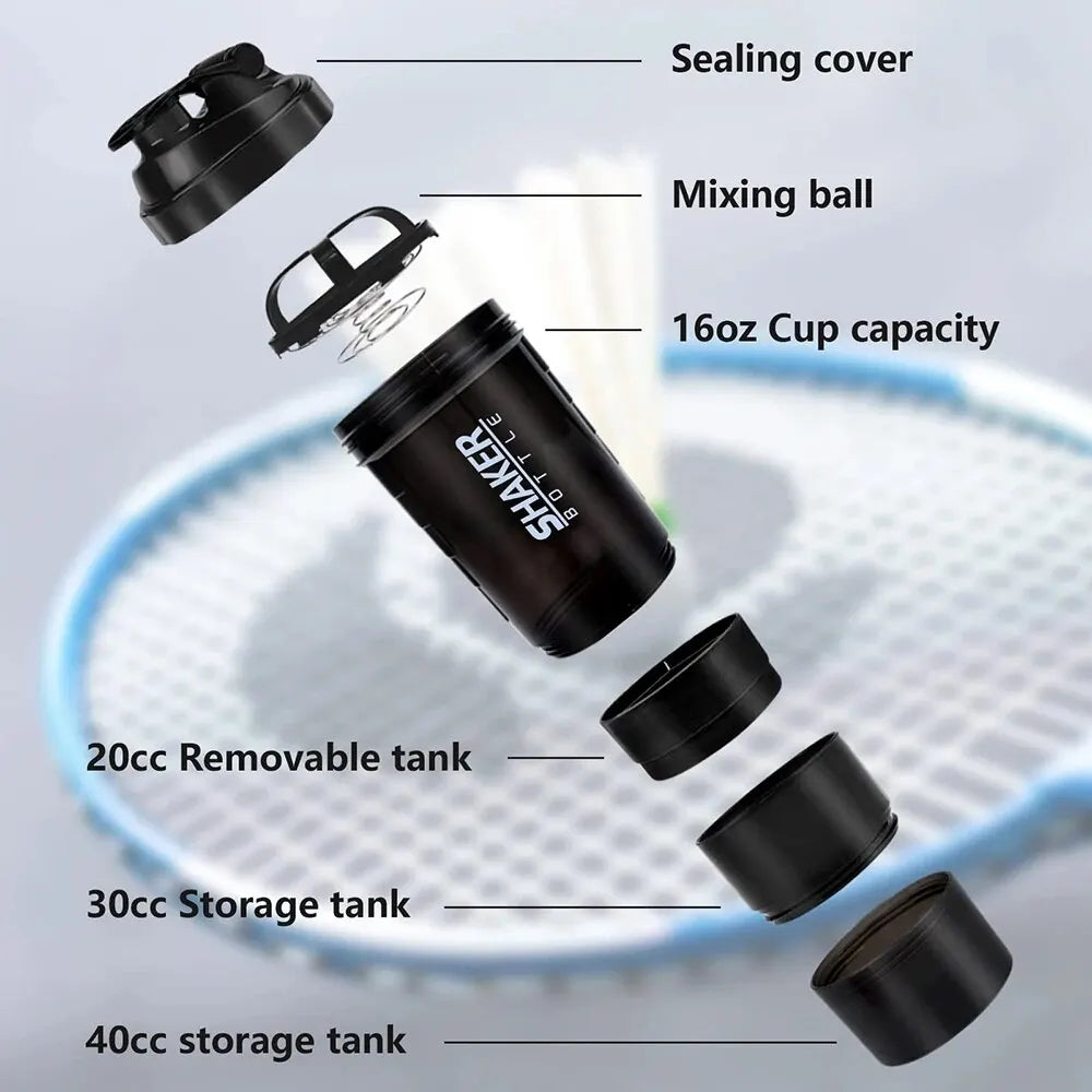 3-Layer Shaker Protein Bottle: Powder Shake Cup for Body Building, Exercise, and Hydration - Plastic Mixing Cup