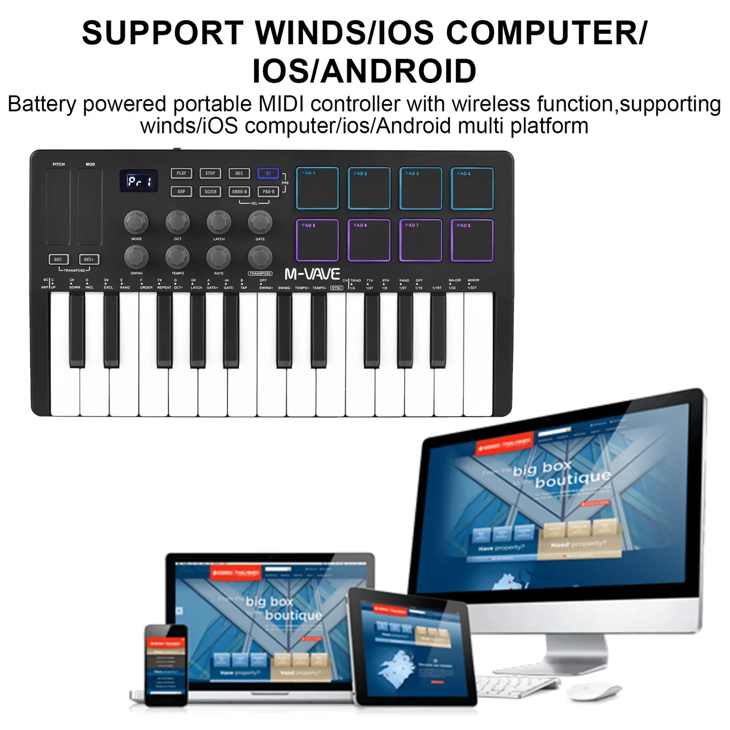 M-VAVE 25 Key MIDI Control Keyboard – Portable USB, Velocity-Sensitive Keys, 8 RGB Pads, 8 Knobs