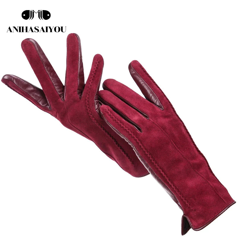 Women’s Winter Touch Gloves – 50% Genuine Leather & 50% Suede, Colorful Warm Leather Gloves