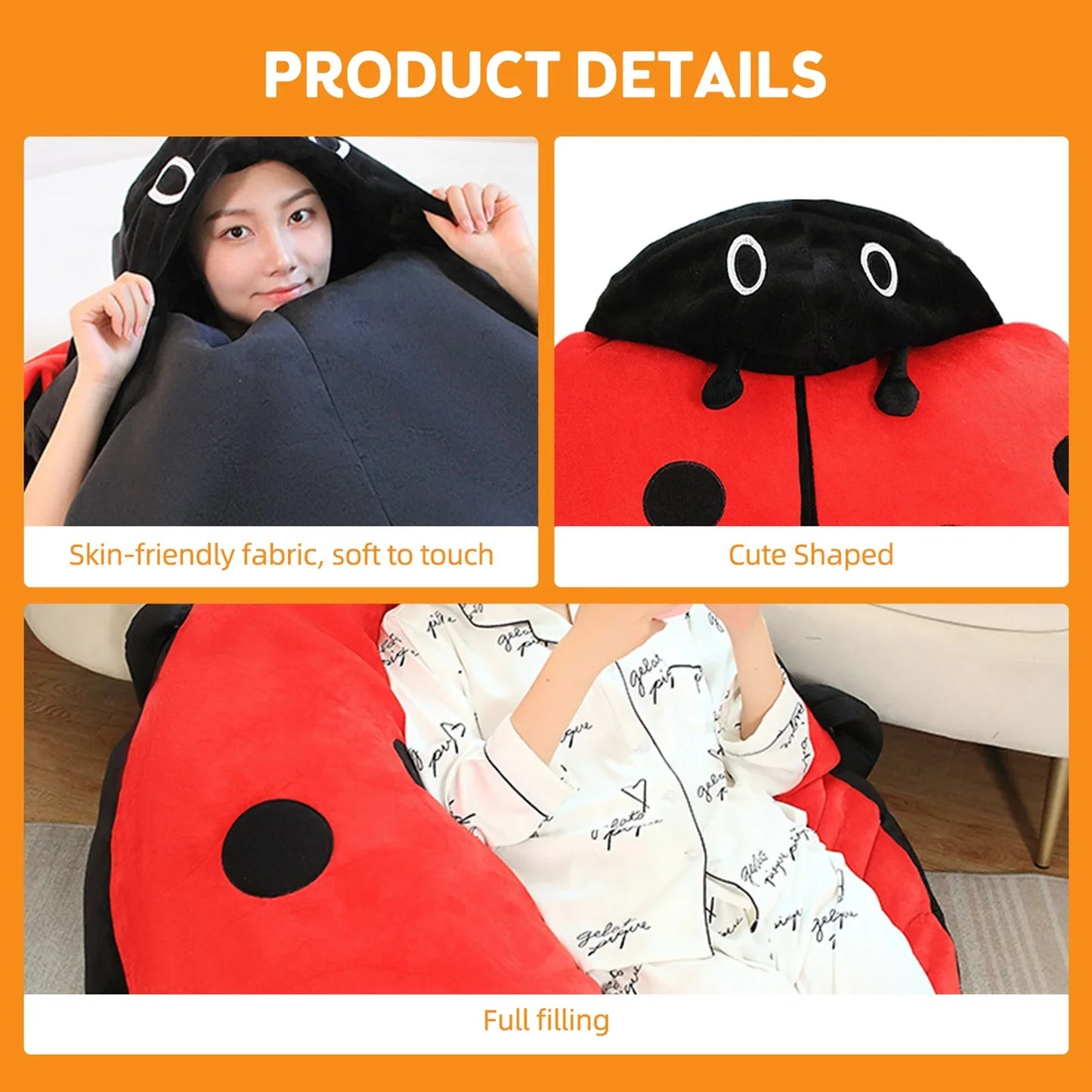 Wearable Ladybug Plush Pillow – Cute 60cm/23in Oversized Stress-Relief Sleeping Pillow for Kids & Adults