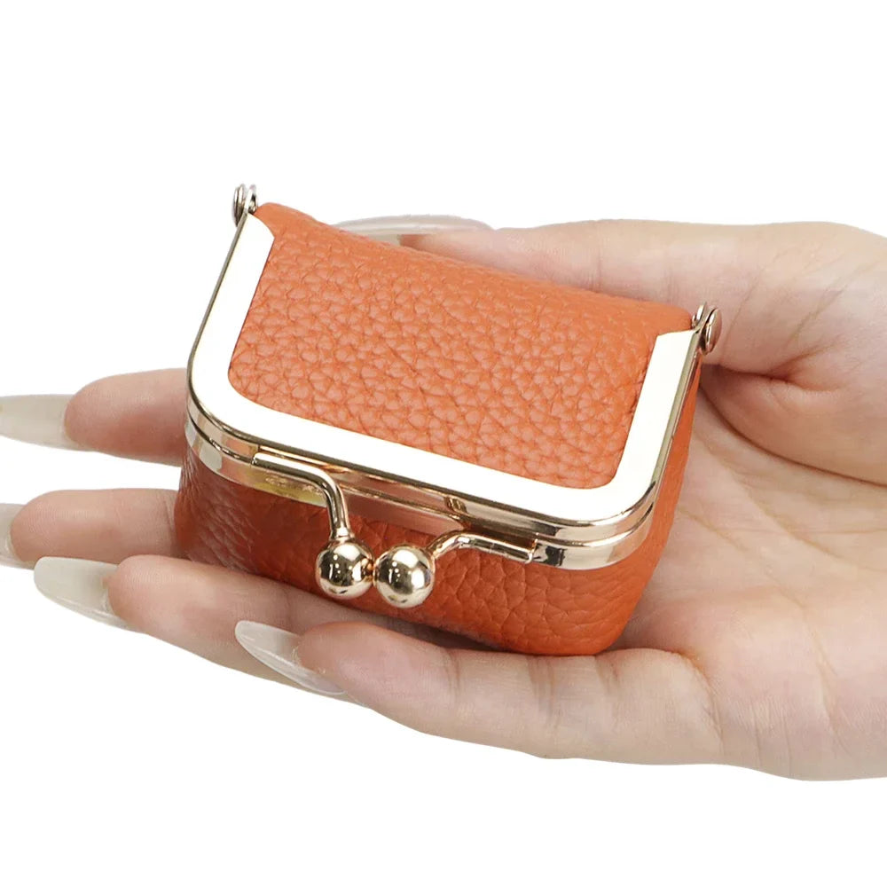 URBAN MASTER Genuine Leather Mini Coin Purse – Solid Color Kiss Lock Change Pouch, Casual Small Wallet for Women