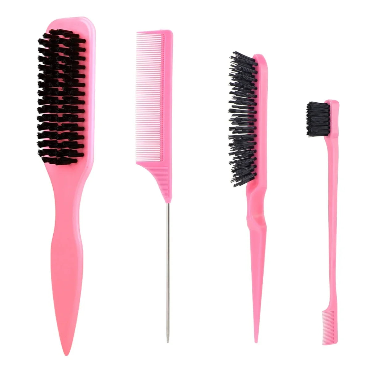 4Pc Boar Bristle Hair Brush Set - Slick Back Styling Tools for Ponytails, Buns, Baby Hair and Flyaway Control