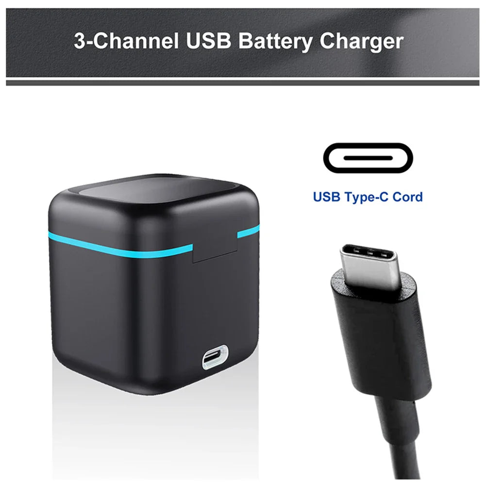 3 Channel Fast Battery Charger with Type C Cable - Charging Station for GoPro Hero 12/11/10/9 Camera Accessories