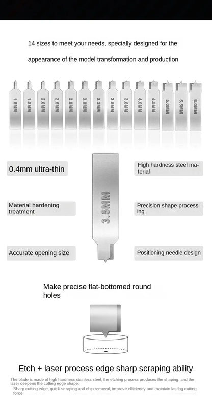 MS108 Flat Bottom Hole Drilling Craft Tool Set with Handle – Etched Sheet Knife for DIY Military Model Building