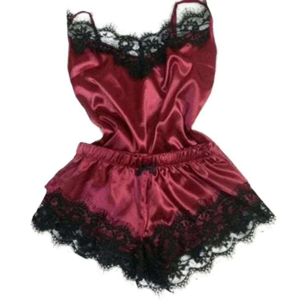 Women’s Summer Lace Silk Pajama Set – Sexy Cami Top & Shorts Sleepwear Lingerie Comfortable Soft Casual Nightwear Pijamas