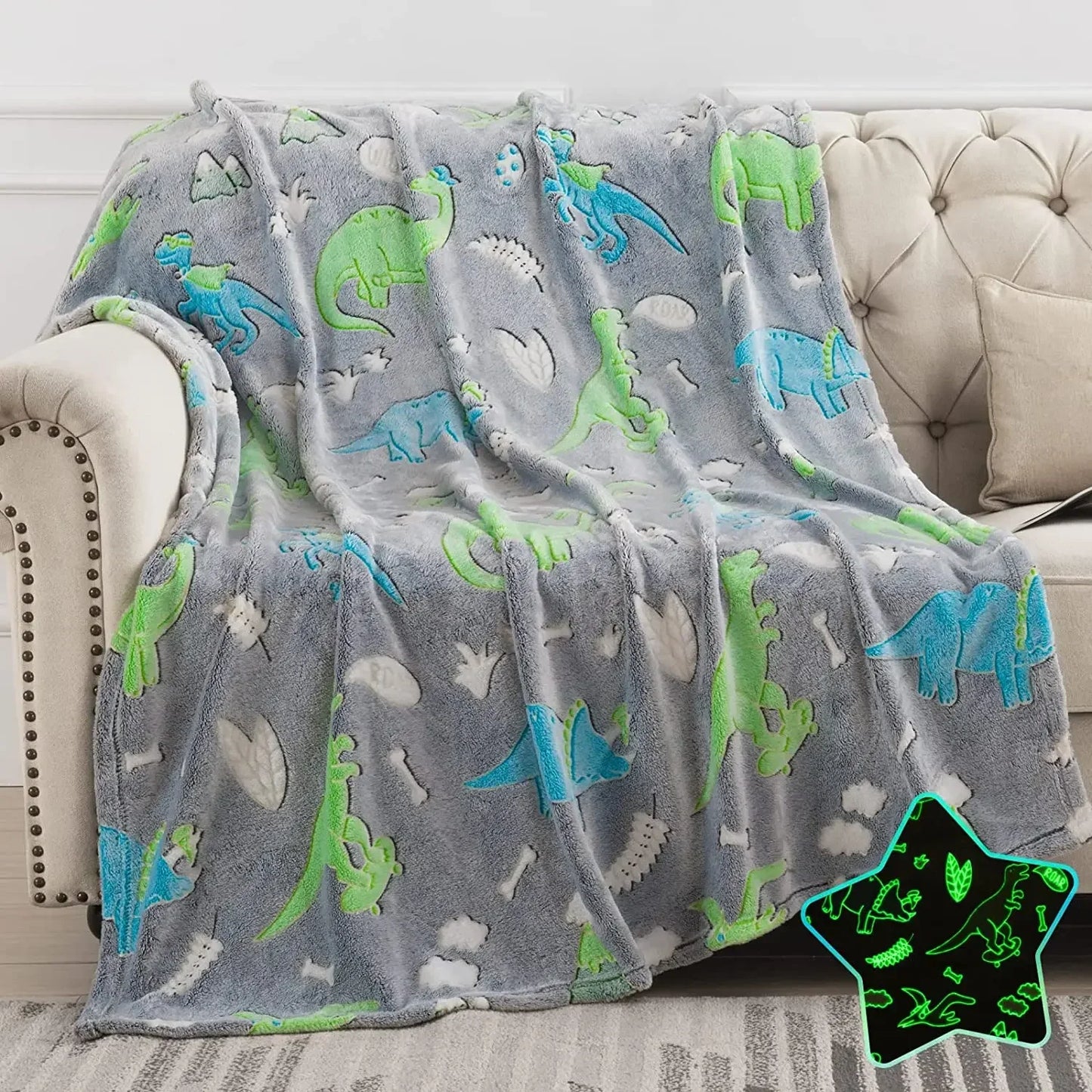 Luminous Unicorn & Dinosaur Plush Blanket – Glow-in-the-Dark Soft Flannel Throw for Boys & Girls, Christmas Gift