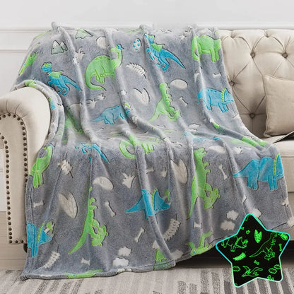 Luminous Unicorn & Dinosaur Plush Blanket – Glow-in-the-Dark Soft Flannel Throw for Boys & Girls, Christmas Gift