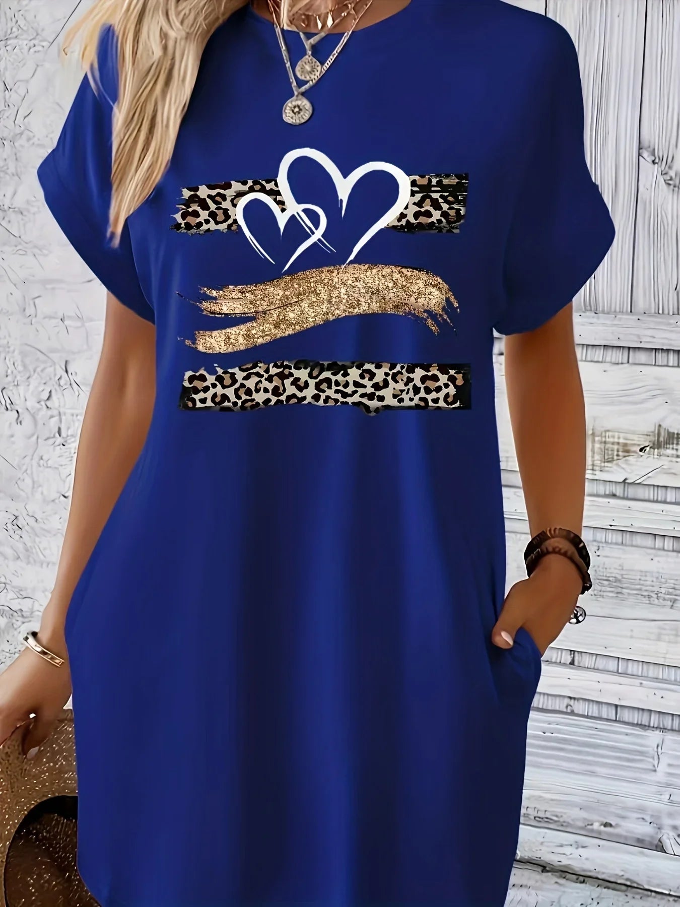 Women’s Heart Print Knit T-Shirt Dress - Casual Short Sleeve Crew Neck Top with Colorful Flag Design