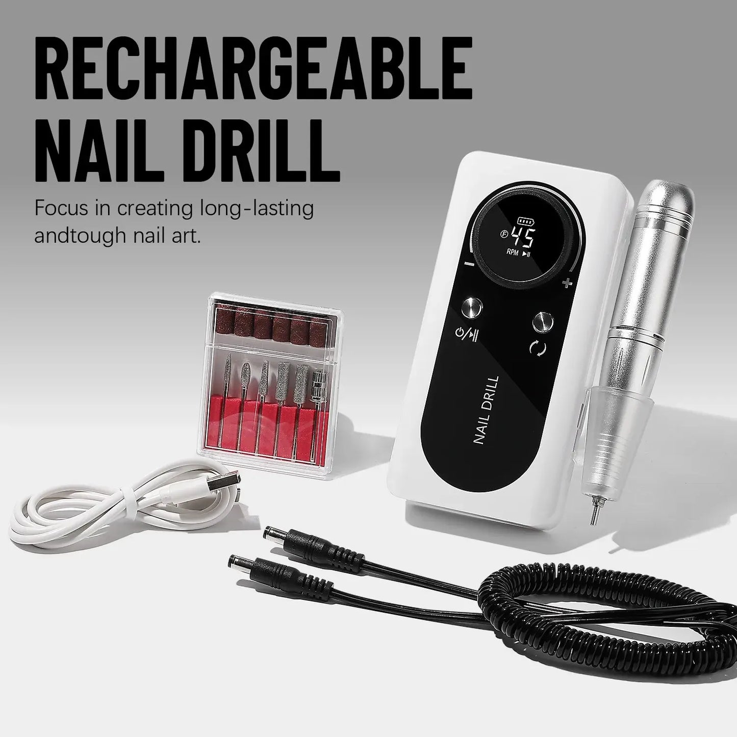 Effortless Nail Care: 45000RPM Rechargeable Electric Nail Drill Machine - Portable Nail File Sander for Gel Nails Polishing, Ideal for Home Manicures or Salon Use