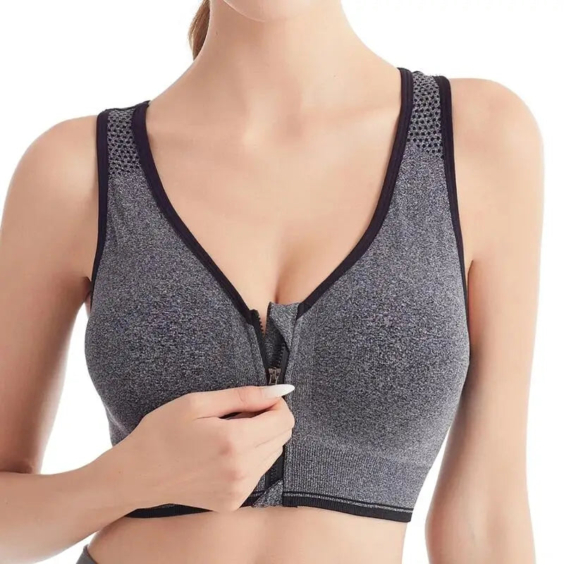 Women’s Front Zipper Sports Bra – Shockproof Seamless Breathable Wireless Fitness & Running Bralette