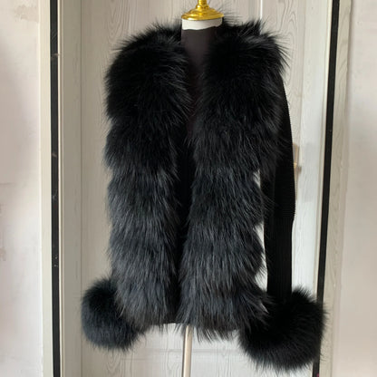 Women’s Spring & Autumn Sweater Cardigan – Real Fox Fur Collar Jacket, Natural Fur Outerwear