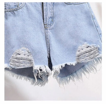 Summer Women’s Korean High Waist Cowboy Denim Shorts — Casual White Jeans with Pockets, Tassels & Ripped Holes Y2K Style