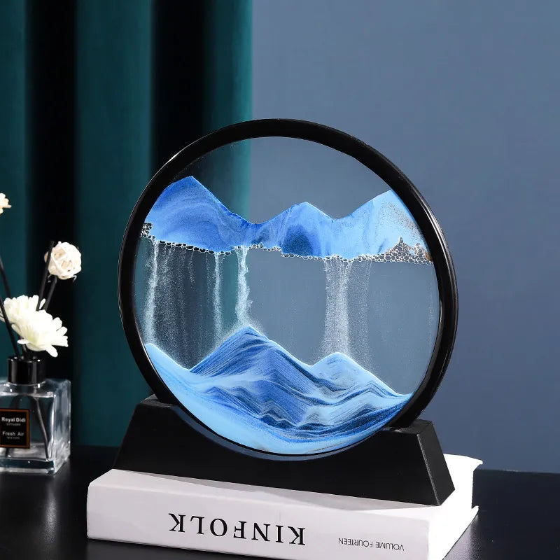 3D Round Glass Deep Sea Sandscape - Moving Sand Art Hourglass, Flowing Quicksand Craft Painting for Office and Home Decor