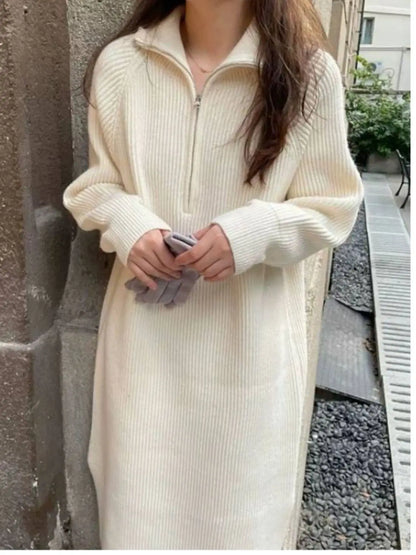 Women’s Lazy Style Over-the-Knee Knit Dress – Mid-Length Lapel Loose Sweater for Autumn Winter