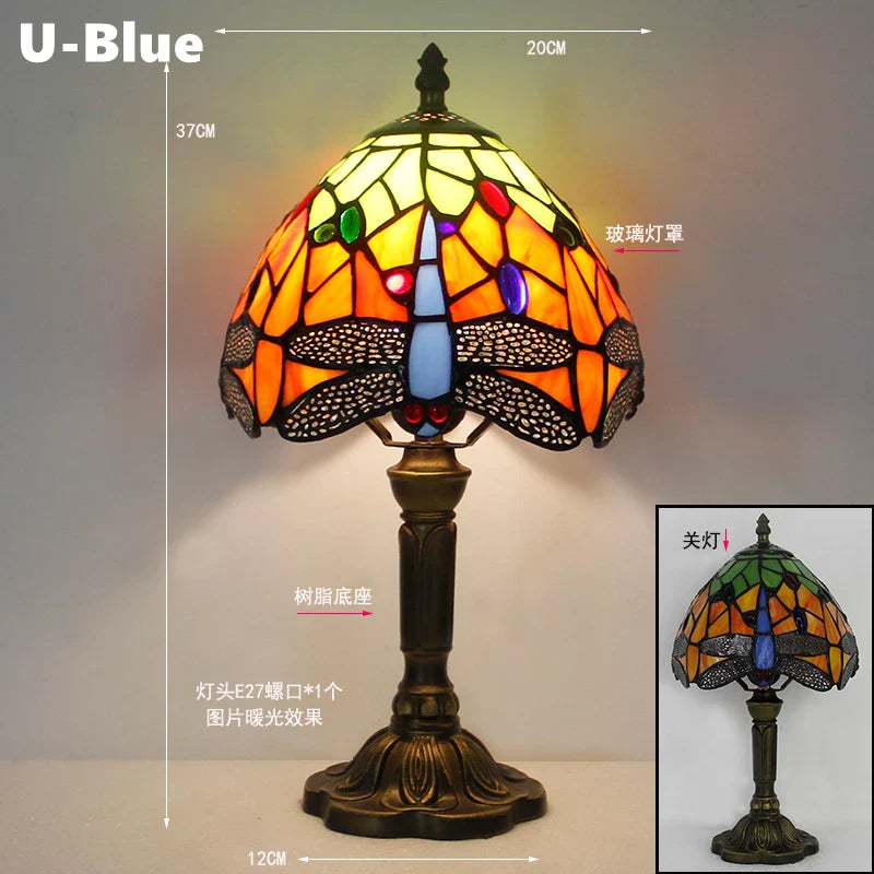 Retro Stained Glass Table Lamp – Colorful E27 Art Lampshade, Mediterranean Baroque Style Bedside Bedroom Décor Light