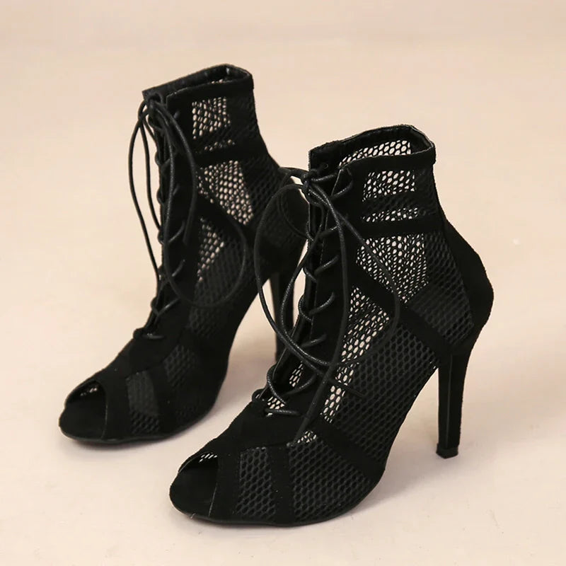 Sexy High Heel Mesh Sandals – Women's Summer Peep Toe, Cross-Tied Ankle Strap Dance Shoes, Black Hollow Design