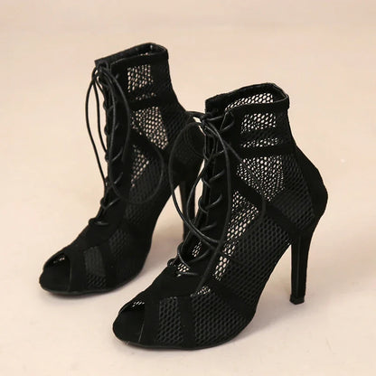 Sexy High Heel Mesh Sandals – Women's Summer Peep Toe, Cross-Tied Ankle Strap Dance Shoes, Black Hollow Design