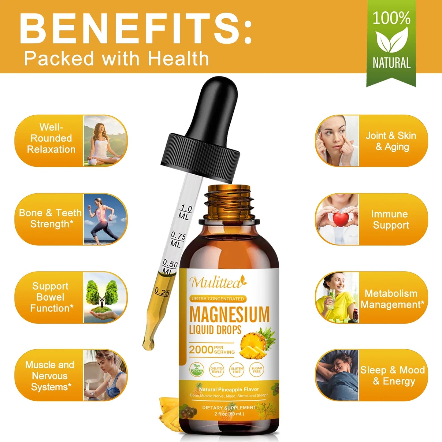 Mulittea Magnesium Glycinate Drops – Pineapple Flavor for Mood Calm, Muscle Relaxation, Sleep Support & Nerve Health