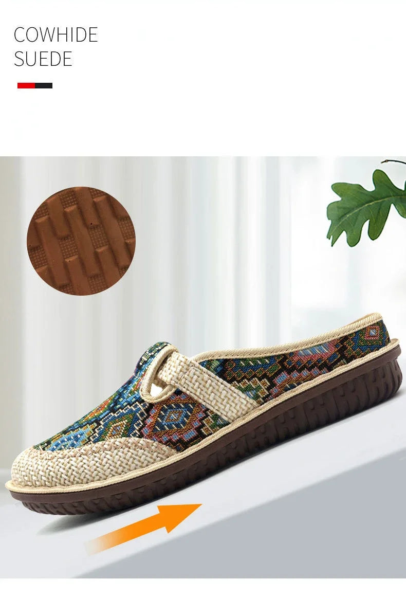 2024 Fashion Women’s Ethnic Embroidered Linen Shoes – Breathable Casual Outdoor Slippers