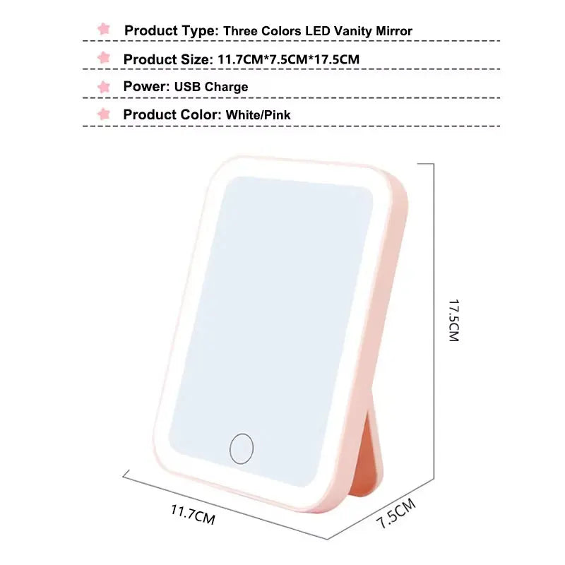 3-Color LED Vanity Mirror – Touch Screen, USB Rechargeable, Dimmable Makeup Mirror with Adjustable Brightness, Portable