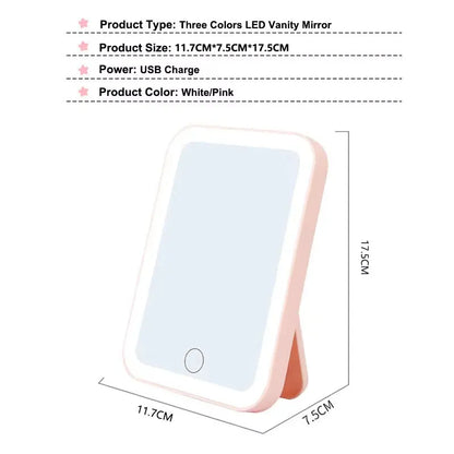 3-Color LED Vanity Mirror – Touch Screen, USB Rechargeable, Dimmable Makeup Mirror with Adjustable Brightness, Portable