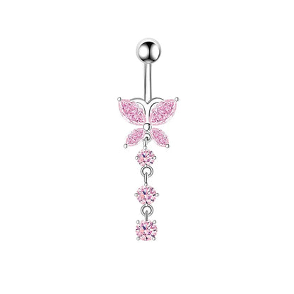 Pink Crown Belly Button Ring – Stainless Steel Heart Navel Piercing Barbell with Crystal for Women & Girls