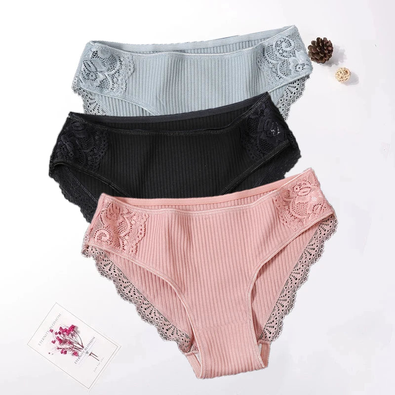 Floral Lace Cotton Women’s Panties - Comfortable Briefs, Solid Color Underwear, 3PCS/Set, Sizes M-XXL
