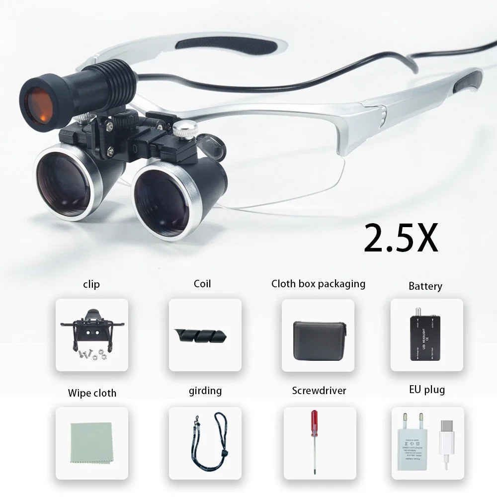 Dental Loupes 2.5X/3.5X Magnification – Binocular Magnifier with 5W Headlight & Cloth Packaging for Medical & Lab Use