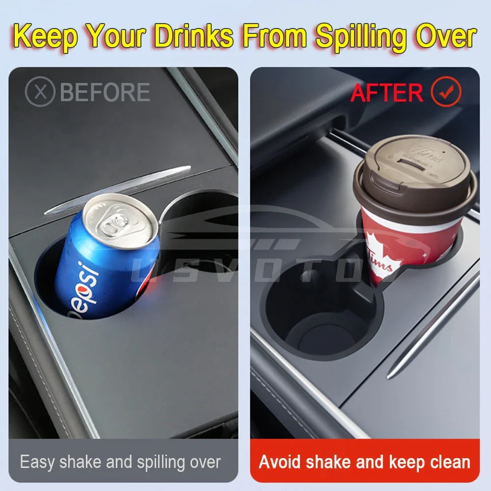 USVOTOV Water Cup Holder for Tesla Model 3/Y (2022-2024) - TPE Insert Storage Box and Center Console Organizer