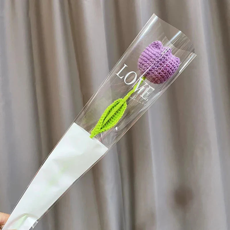 Tulip & Sunflower Knitting Flower Bouquet – Handcrafted Crochet Carnations, DIY Handmade Fake Flowers for Decor