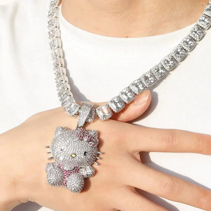 Kawaii Hello Kitty Necklace – Anime Sanrio Hip Hop Diamond Pendant with Cuba Chain, Cute Cartoon Jewelry Gift for Men & Women