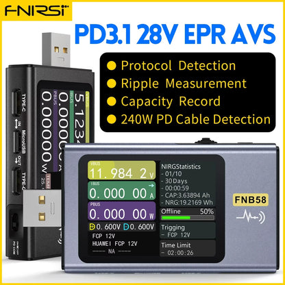 FNB58 USB Tester Voltmeter – TYPE-C Fast Charge Detection, Ammeter, Capacity & Ripple Measurement Tool