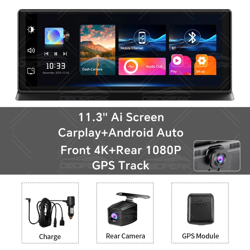 K2 Pro 11.3" 4K Dash Cam — Car DVR with Wireless CarPlay, Android Auto, 5G WiFi & GPS Navigation