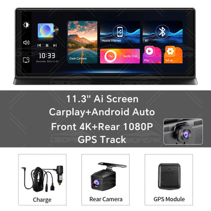 K2 Pro 11.3" 4K Dash Cam — Car DVR with Wireless CarPlay, Android Auto, 5G WiFi & GPS Navigation