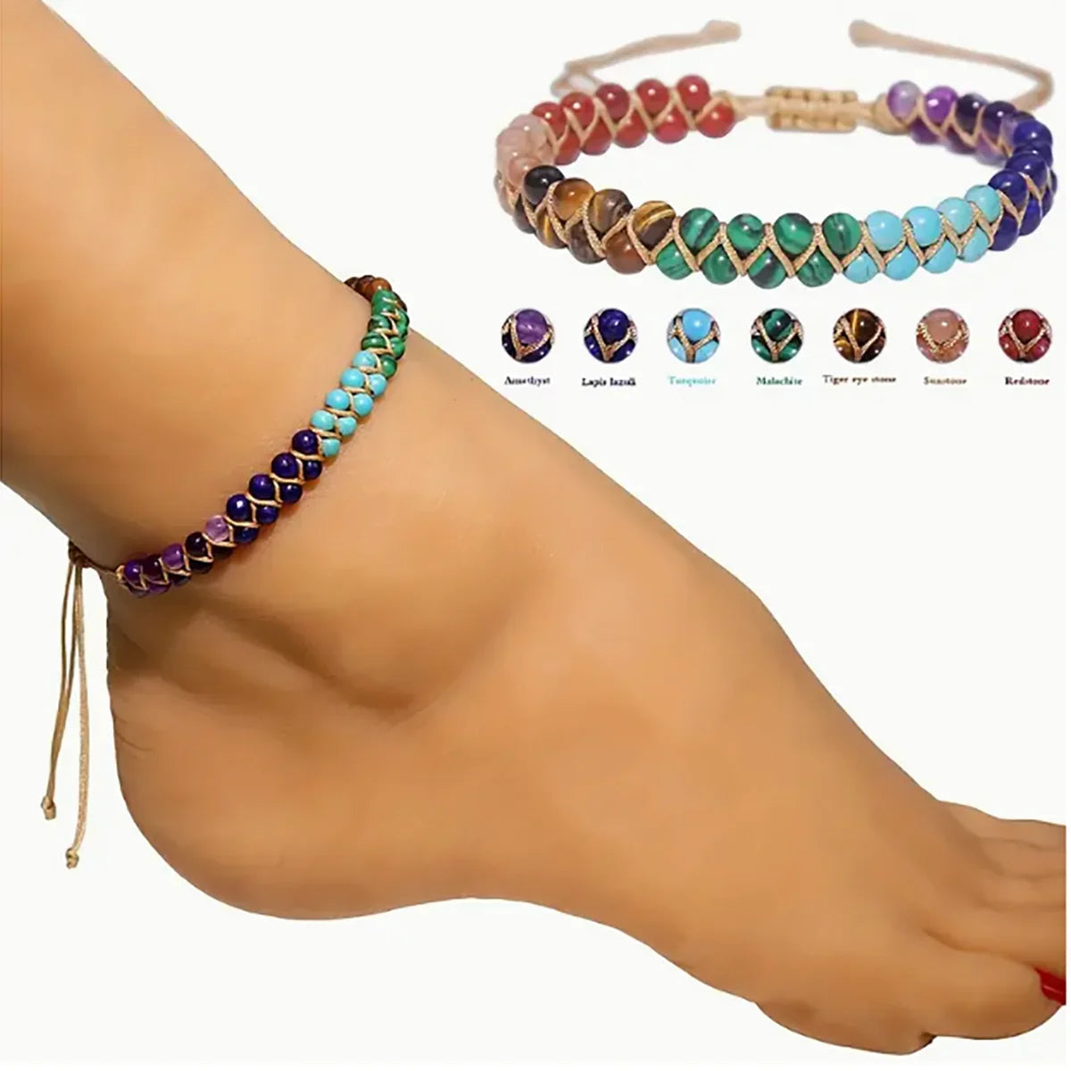 Women's Double Layer Boho Anklet - 7 Chakra Turquoise Beaded Beach Jewelry