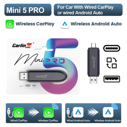 CarlinKit 5.0 Mini 5 Pro — Wireless CarPlay & Android Auto USB Dongle with WiFi & Bluetooth