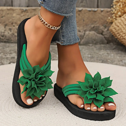 Women’s Floral Flip Flops – Slip-On Mid Heel Sandals, Fabric Upper & EVA Sole, Summer Casual Vacation Footwear