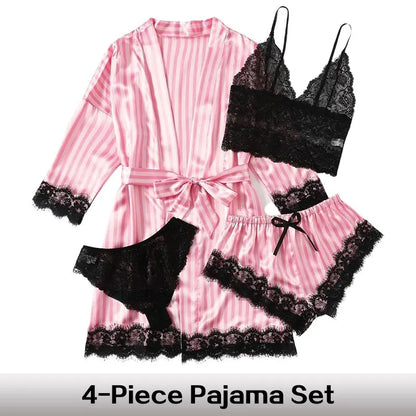 Stylish Women's Summer Lace Satin Sleepwear Set - Comfortable Pajama Pants and Silk Robe for a Sexy and Cozy Night