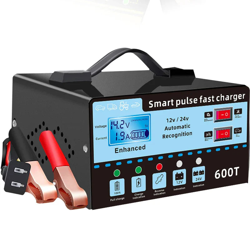 12V/24V Intelligent Car Battery Charger – Automatic Pulse Repair with LCD Display, Voltage & Temperature Detection, High Power Maintenance System