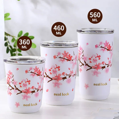 Cherry Blossom Stainless Steel Thermal Travel Mug – Leak-Proof Double Wall Coffee Cup with Lid