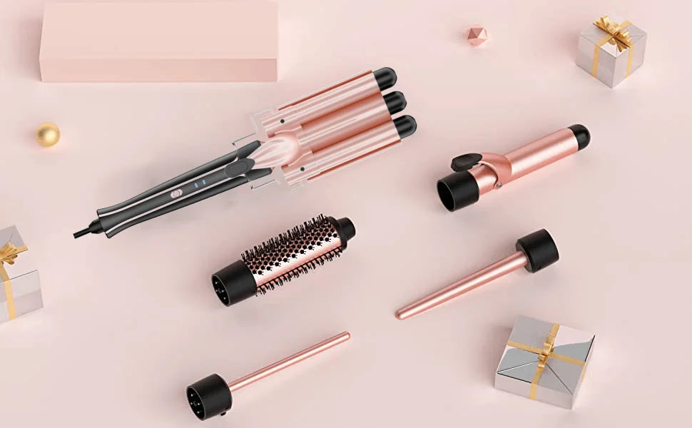 5 in 1 Hair Curler Wand Set with Curling Brush – 0.35” to 1.25” Curling Iron, Heat Resistant Glove & Hair Clips